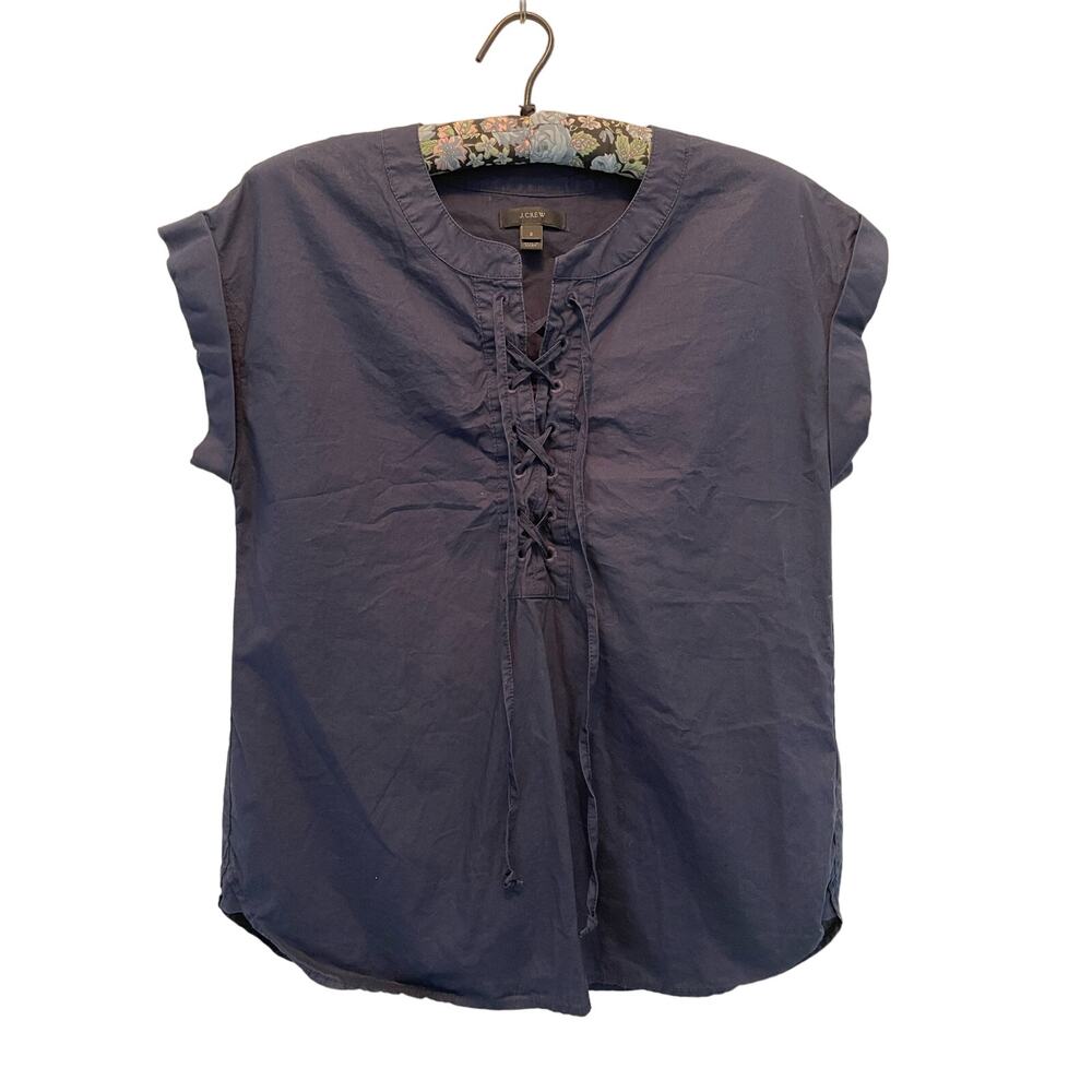 J. Crew Navy Cotton Lace Up Front Rolled Cap Sleeve Top size 2